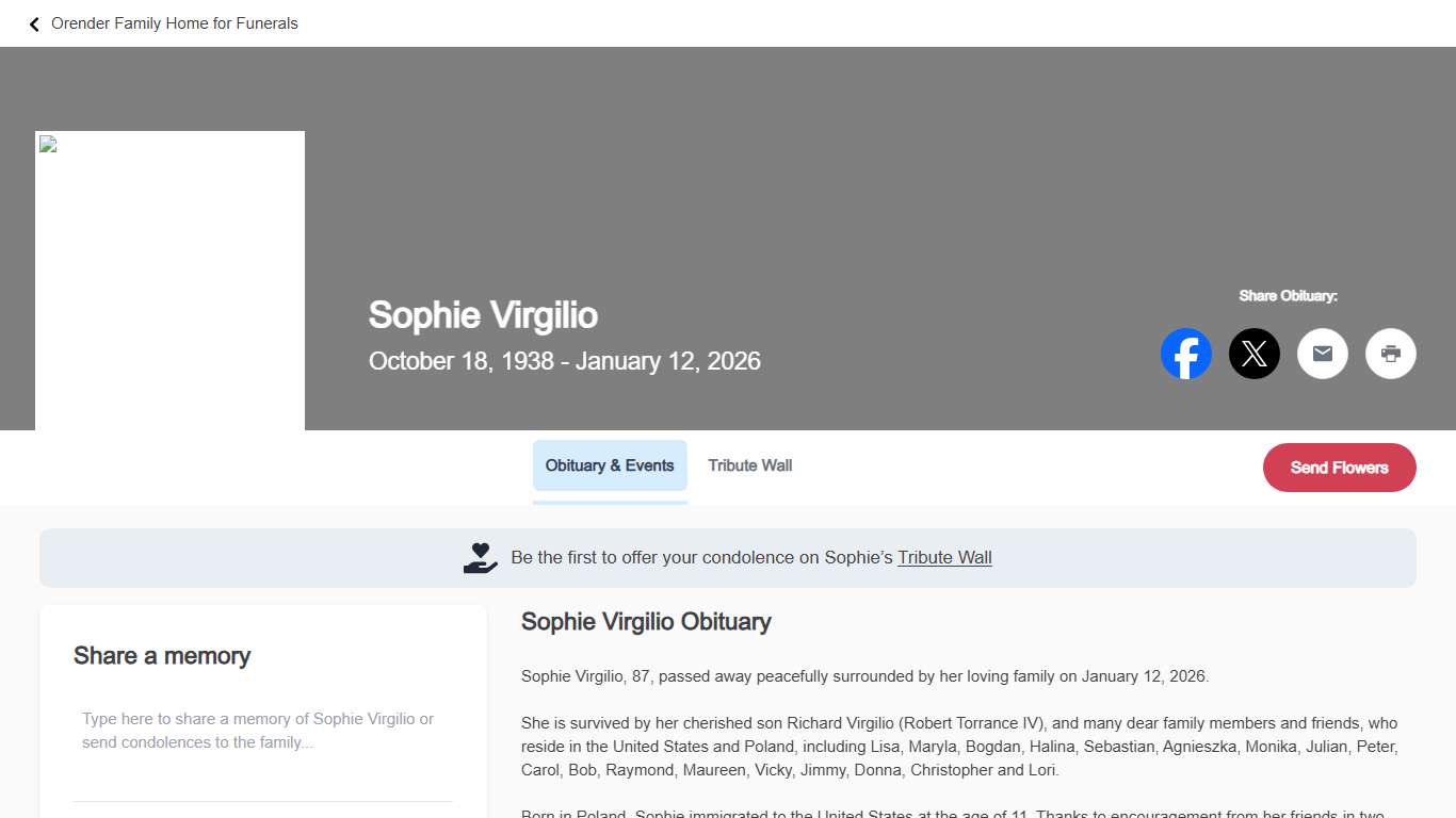 Sophie Virgilio Obituary Orender Family Home for Funerals 1938 - 2026